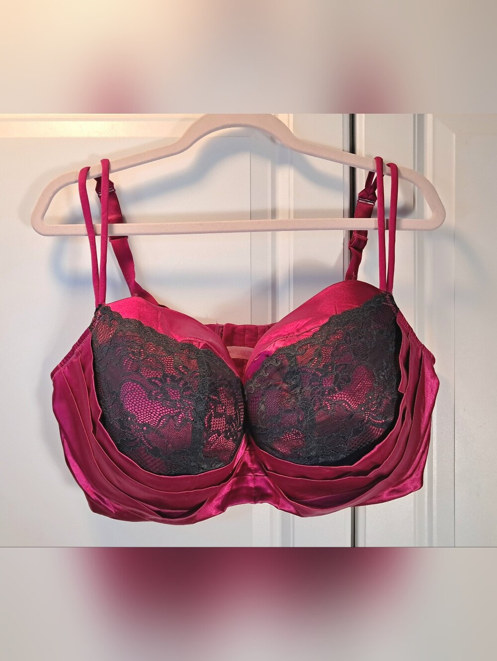 Cacique Berry Pink Layered Satin & Black Lace Balconette Underwire Bra Firm Cups